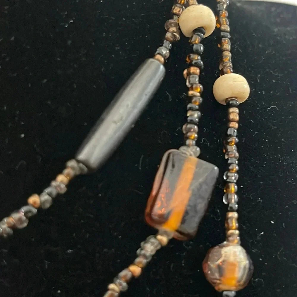 Beaded long necklace glass brown green tan  boho casual